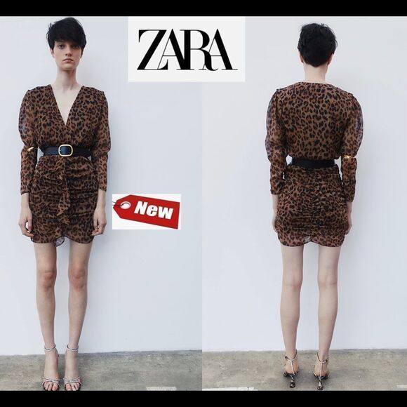 Zara Black brown ruffled animal leopard cheetah print ruched mini dress XS NWT - Picture 1 of 13